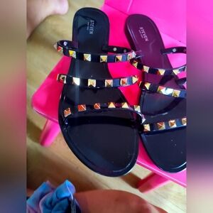 Steve Madden Black and Gold Studded Slide Sandals